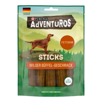 Purina AdVENTUROS Hundesnacks, fettarme Sticks mit Wildbison-Geschmack, mit einer Hundesilhouette und grünem Waldhintergrund.