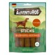 Purina AdVENTUROS hondensnacks, vetarme sticks met wild buffelsmaak, met een honden silhouet en een groene bosachtergrond.