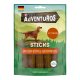 Friandises pour chiens Purina AdVENTUROS, bâtonnets faibles en gras au goût de buffle sauvage, présentant une silhouette de chien et un fond de forêt verte.