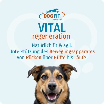 DOG FIT „VITAL regeneration“-Etikett mit deutschem Slogan „Natürlich fit & agil.“ und einem kleinen Hunde-Foto