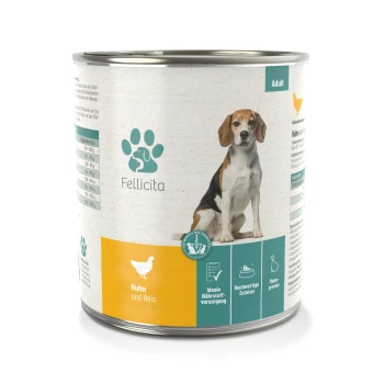 Dose Hundefutter mit der Aufschrift 'Fellicita', die eine Beagle-Illustration zeigt, mit 'Huhn und Reis' (Chicken and Rice) deutlich angezeigt.