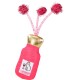 Jouet pour chat en forme de bouteille de champagne rose avec col doré, trois ressorts à pompons roses et étiquette montrant un chat, un verre de vin et le texte « CAPURRNET ».