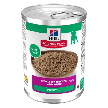 Blik Hill's Science Plan puppy natvoer, loaf pâté, 'Gezond recept met rundvlees', etiket 'Puppy <1'