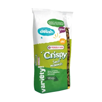 Torba z jedzeniem dla małych ssaków Crispy od Versele-Laga, z kolorowymi krokietami i tekstem "pyszne", "mniam!" oraz "och!" na zielonym tle.