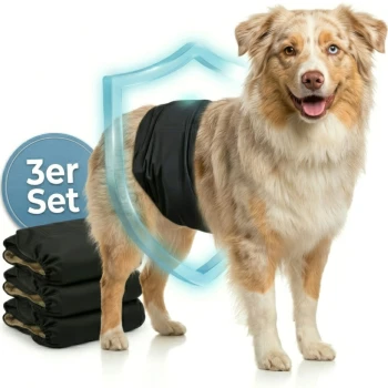 Ein grauer Hund, der eine blaue Windel trägt, steht vor drei bunten Haustierwindeln in Blau, Grün und Schwarz, beschriftet mit "3er-Set."