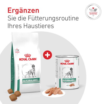 Royal Canin Glycobalance Sack und Dose mit Kroketten und Nassfutterstückchen; Text: ‚Ergänzen Sie die Fütterungsroutine Ihres Haustieres‘.