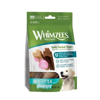 Bag of Whimzees Wellness Daily Dental Treats for puppies, M/L 14 treats, 2 week supply, image of golden retriever puppy