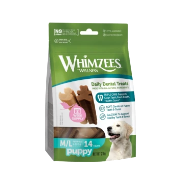 Bag of Whimzees Wellness Daily Dental Treats for puppies, M/L 14 treats, 2 week supply, image of golden retriever puppy
