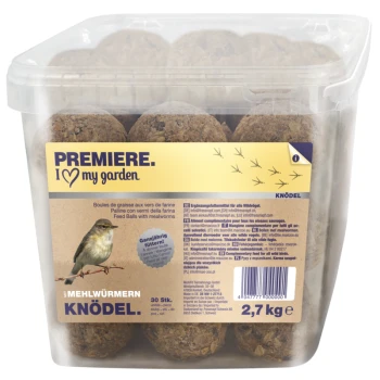 Behälter mit Vogelfutterbällen mit Mehlwürmern, beschriftet mit "Premiere. I ♥ my garden," enthält 30 Stück, 2,7 kg Gesamtgewicht.