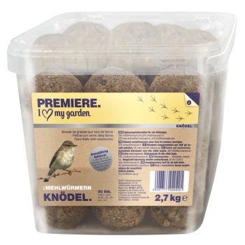 Behälter mit Vogelfutterbällen mit Mehlwürmern, beschriftet mit "Premiere. I ♥ my garden," enthält 30 Stück, 2,7 kg Gesamtgewicht.