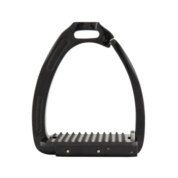 Schwarzer Steigbügel mit einer strukturierten Fußfläche und einem Griff, entworfen für eine sichere Fußplatzierung beim Reiten.