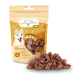 Wieder verschließbare gelbe Tüte mit Yummeez Pure Chicken Hearts Hundeleckerlis mit einem herzförmigen Fenster, das eine Hundegrafik und wichtige Etiketten zeigt.