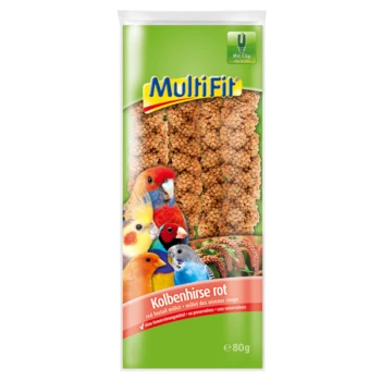 MultiFit red foxtail millet bird food package featuring colorful birds and the text "Kolbenhirse rot" and "e80g".