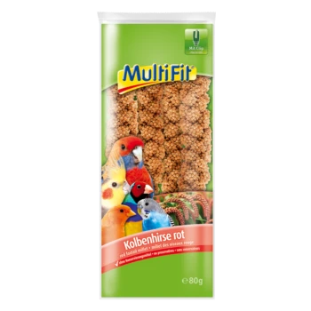 MultiFit rode vingerhaver vogelvoer verpakking met kleurrijke vogels en de tekst 'Kolbenhirse rot' en 'e80g'.