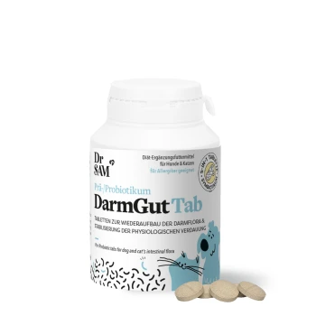 Weiße Flasche Dr. SAM DarmGut Tab Prä-/Probiotika-Tabletten für Hunde und Katzen, 100g, mit blauer Hundeillustration und mehrsprachigem Text.