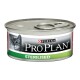 Een blik Purina Pro Plan Sterilised kattenvoer met een grijze kat op het etiket, met een trekdop en groene accenten.