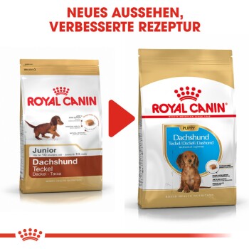 Bild von zwei Beuteln Royal Canin Hundefutter für Dackel, mit der Aufschrift 'Junior' und 'Welpe', mit einem Hinweis auf verbesserte Rezeptur und neues Aussehen.