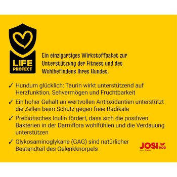 Josera-Logo auf einem gelben runden Abzeichen mit Bäumen und dem Text "CO2" und "KLIMANEUTRALE PRODUKTION."