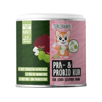 Bunter Behälter beschriftet mit "TIERLIEBHABER PRÄ & PROBIO KUR FÜR KATZEN" mit grünem Hintergrund und rosa Leopardenflecken.