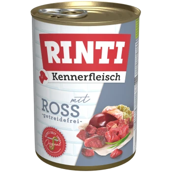 Dose Rinti Kennerfleisch getreidefreies Rindfleisch-Hundefutter mit Bild von rohen Fleischstücken auf dem Etikett.
