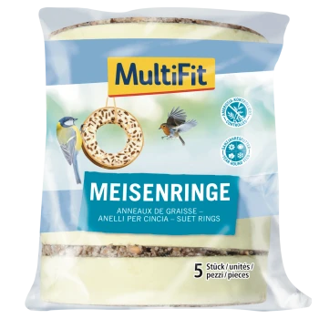 MultiFit packaging of Meisenringe bird suet rings, shows suet ring and birds; visible text 'MEISENRINGE', '5 Stück'