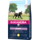 Zwarte puppy die rent in een veld op een hondenvoer zak gelabeld 'EUKANUBA' met details over puppyvoer voor grote en gigantische rassen, 3kg.
