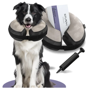 Ein glücklicher Border Collie in einem weichen, aufblasbaren Halskragen neben einer Handpumpe und einer Verpackung, die mit "2 IN 1 HALSKRAUSE" beschriftet ist.
