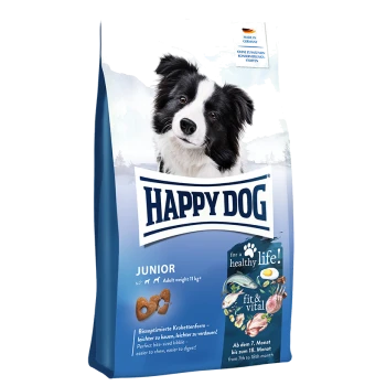 Happy Dog Junior Hundefutterbeutel mit einem Border Collie, mit Text, der "für ein gesundes Leben!" und "fit & vital." hervorhebt.