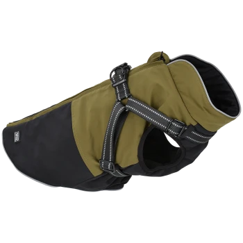 Eine stilvolle Hundejacke mit einem grünen und schwarzen Farbschema, mit verstellbaren Riemen und einem weichen Innenfutter.