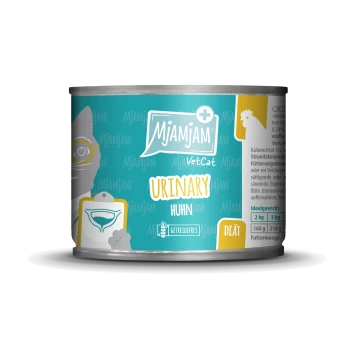 Mjamjam VetCat Urinary Katzenfutterdose, mit einem türkisfarbenen Design, mit "URINARY" und "HUHN" deutlich angezeigt, was auf Hühnergeschmack hinweist.
