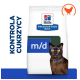 Torba z jedzeniem dla kotów Hill's Prescription Diet m/d z brązowym kotem w niebieskiej obroży, z tekstem "KONTROLA CUKRZYCY" po lewej stronie.