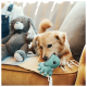 Kleiner Hund spielt mit einem blauen Plüsch-Oktopus auf einem Sofa neben einem grauen Plüschhasen.