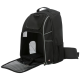 Schwarzer Haustiertrage-Rucksack mit Netzfenstern, einem Reißverschluss oben und einer abnehmbaren gepolsterten Basis, entworfen für den komfortablen Transport von Haustieren.