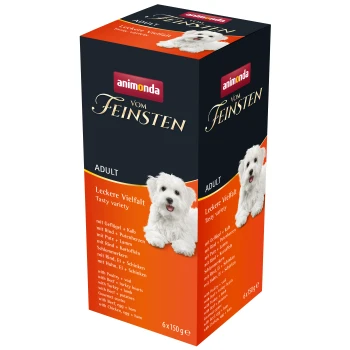 Box mit Animonda Vom Feinsten Hundefutter für Erwachsene, mit einem weißen Hund auf der Vorderseite, mit Text, der Geschmäcker und Zutaten beschreibt.