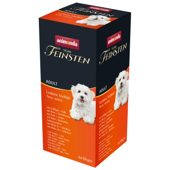 Box mit Animonda Vom Feinsten Hundefutter für Erwachsene, mit einem weißen Hund auf der Vorderseite, mit Text, der Geschmäcker und Zutaten beschreibt.