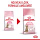 Image de l'emballage de nourriture pour chats Royal Canin, montrant un nouveau design pour la formule "Kitten Sterilised", avec le texte "NOUVEAU LOOK, FORMULE AMELIORÉE."