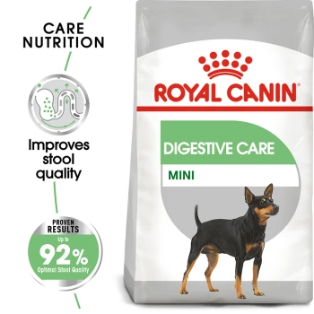 Royal Canin Digestive Care Mini dog food bag with a small dog illustration, emphasizing improved stool quality and 92% proven results.