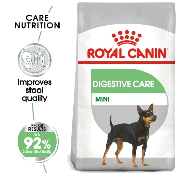 Royal Canin Digestive Care Mini dog food bag with a small dog illustration, emphasizing improved stool quality and 92% proven results.