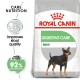 Royal Canin Digestive Care Mini dog food bag with a small dog illustration, emphasizing improved stool quality and 92% proven results.