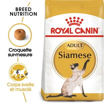 Sac de nourriture pour chats Siamois Royal Canin avec une illustration de chat Siamois, avec un texte mettant en avant "Breed Nutrition" et "Adult."