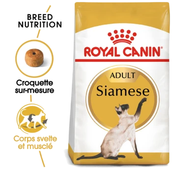 Sac de nourriture pour chats Siamois Royal Canin avec une illustration de chat Siamois, avec un texte mettant en avant "Breed Nutrition" et "Adult."