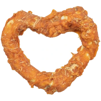 Heart-shaped chicken-wrapped rawhide dog chew, orange-brown textured treat