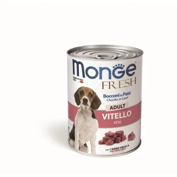 Dosen-Hundefutter von Monge, beschriftet mit "Frisch," mit einem Beagle auf der Vorderseite, mit Text, der "Erwachsene Vitello" und "Stücke in Laib" angibt.