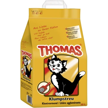 klontvormende kattenbakvulling 20 l Gele zak Thomas kattenbakvulling met een cartoon van een zwart-witte kat, gelabeld 'Klumpstreu' met meertalige tekst en een schepicoon.