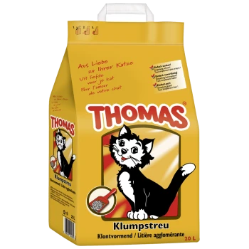 Gelbe Tasche mit Katzenstreu von Thomas, die eine cartoonhafte schwarz-weiße Katze zeigt, beschriftet mit "Klumpstreu" und mehrsprachigem Text sowie einem Schaufel-Icon.