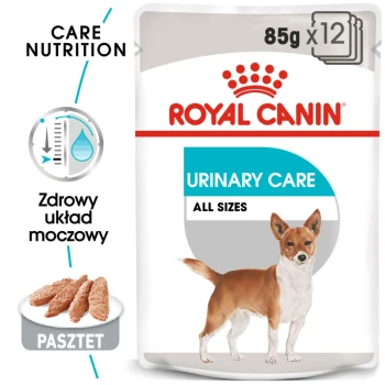 Opakowanie karmy dla psów Royal Canin Urinary Care, z ilustracją małego psa, z informacją "Care Nutrition" i "Wszystkie rozmiary."