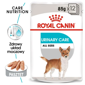 Opakowanie karmy dla psów Royal Canin Urinary Care, z ilustracją małego psa, z informacją "Care Nutrition" i "Wszystkie rozmiary."