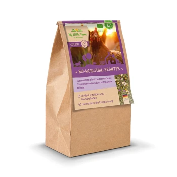 Bio-Wohlfühl-Kräuter 300g Braune Papiertüte mit "My Little Farm" Bio-Kräutermischung für Geflügel, die Vitalität und Entspannung für Hühner fördert.