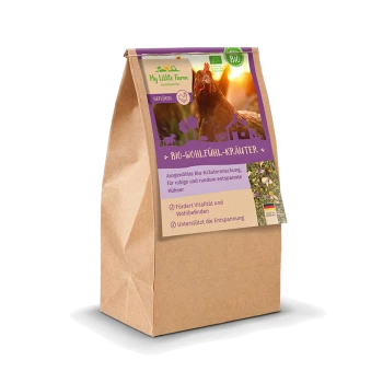 Braune Papiertüte mit "My Little Farm" Bio-Kräutermischung für Geflügel, die Vitalität und Entspannung für Hühner fördert.