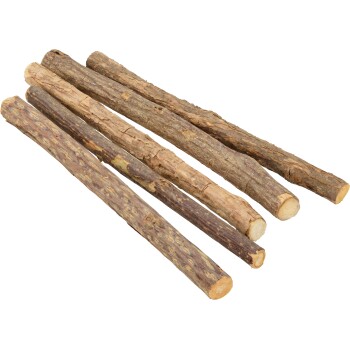 Five natural pet chew sticks (wooden branches) with bark, varying lengths, on white background.